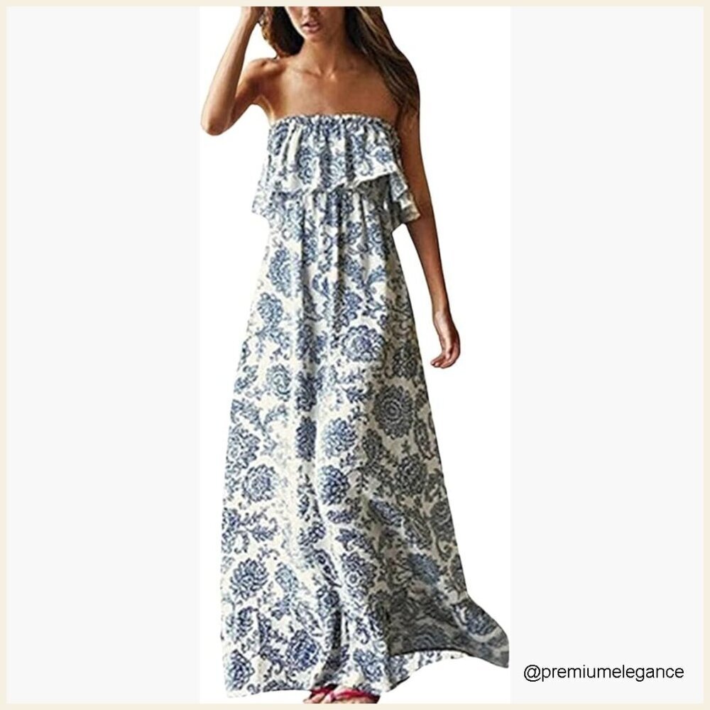 Off Shoulder Maxi Dress Strapless Ruffle Boho Casual Long Summer Dress